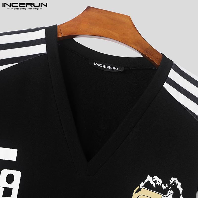 INCERUN Мужские топы с V-образным вырезом и длинным рукавом, повседневные полосатые футболки в стиле пэчворк