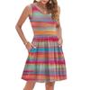 Women's Summer Fashion Casual V-neck Pleated Patchwork Striped Print Sleeveless Pocket Vest Dress