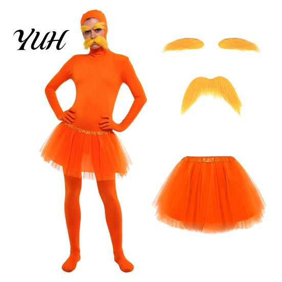 Full Coverage Suits Orange Bodysuit, with Tulle Skirt, Fake Belly, Yellow Mustache & Eyebrows, Halloween Cosplay Jumpsuit Open Face Zentai Suit,