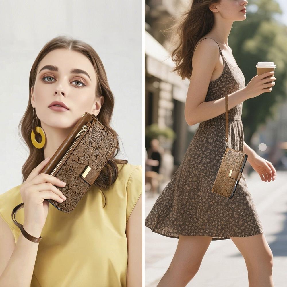 Чехол-кошелек для телефона с 6 отделениями для карт, карманом на молнии для монет, подставкой для просмотра без рук и ремешком на запястье, цветочный дизайн для iPhone / Samsung