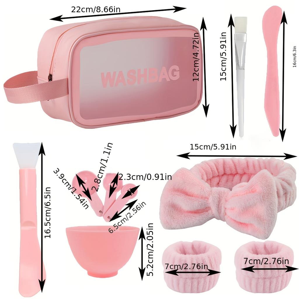 Косметический набор, набор туалетных принадлежностей, большой вместительный набор туалетных принадлежностей, ручной массажер для лица, фланелевая повязка на голову с бантом для ухода за кожей, в комплект входит полный набор для изготовления маски