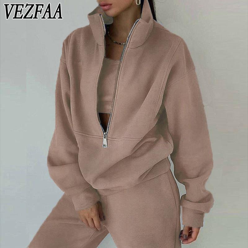 VEZFAA Женская Мода Повседневный Весна Осень Однотонный Принт Длинный Рукав Высокая Горловина Брюки Костюмы