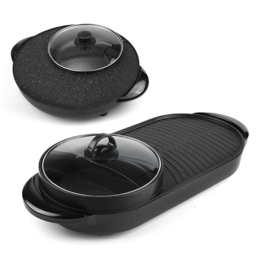 220V 5 Temperature Adjustments Portable Electric Grill Hot Pot Oven Home BBQ Smokeless Grill Chafing Dish Non-Stick Pan 2-In-1