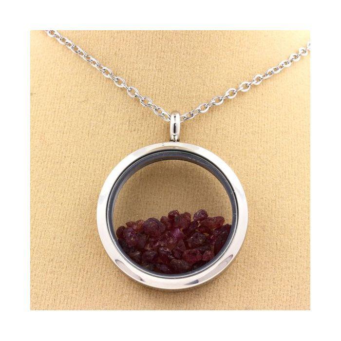 Pierres et Minéraux. Collier Rubis brut. Modèle Médaillon 20 mm. Couleur Argent.