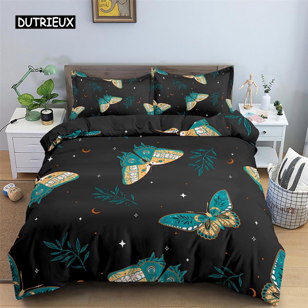 Комплект постельного белья с бабочками, полный размер King Size, хиппи, бохо, моль, пододеяльник из микрофибры, анималистичный, ботанический, психоделический, звездное небо, пододеяльник