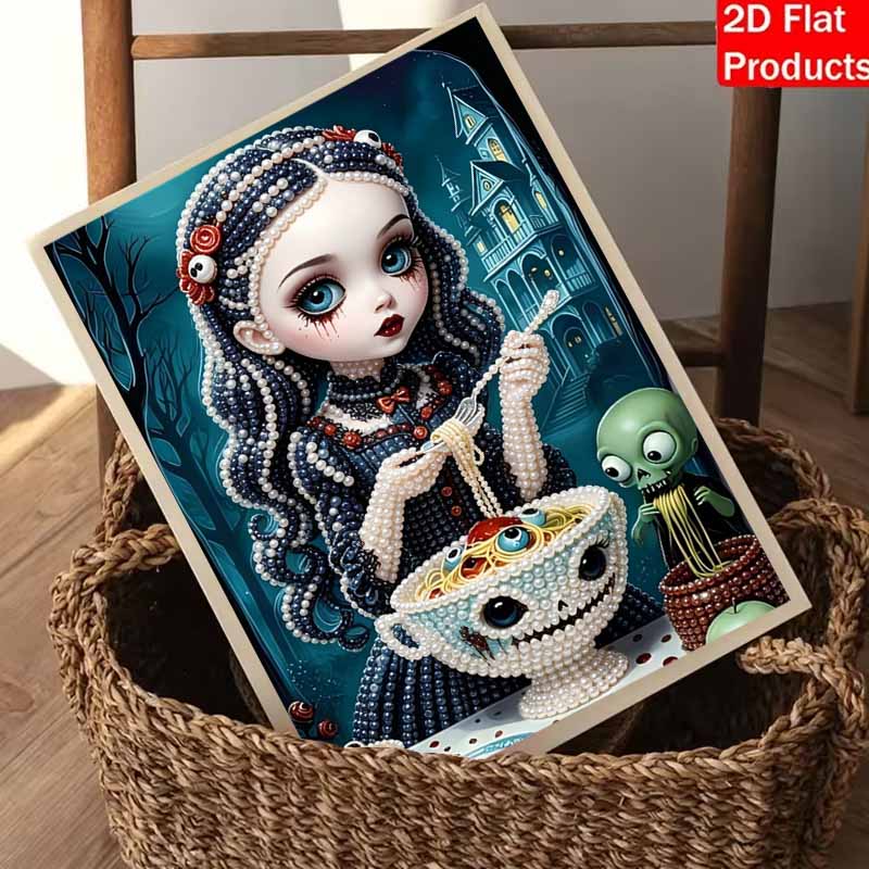 Halloween pearl painting art full pearl gothic girl eating pasta skull handmade diy home decorations