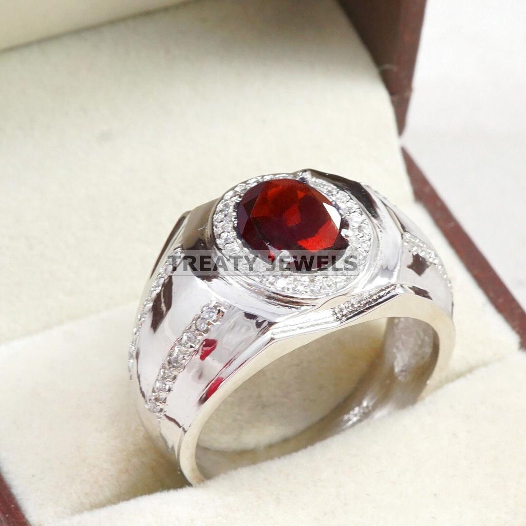 Garnet Oval Cut Gemstone With 925 Sterling Silver Ring For Men's #B107 JL375671448798