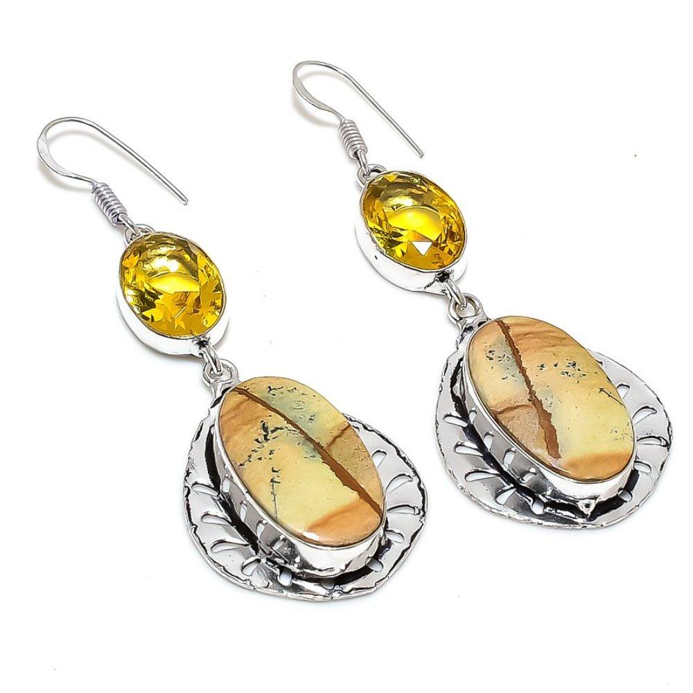 Серьги из стерлингового серебра 925 пробы с драгоценным камнем «Яшма» и цитрином 2,68 дюйма d1t21