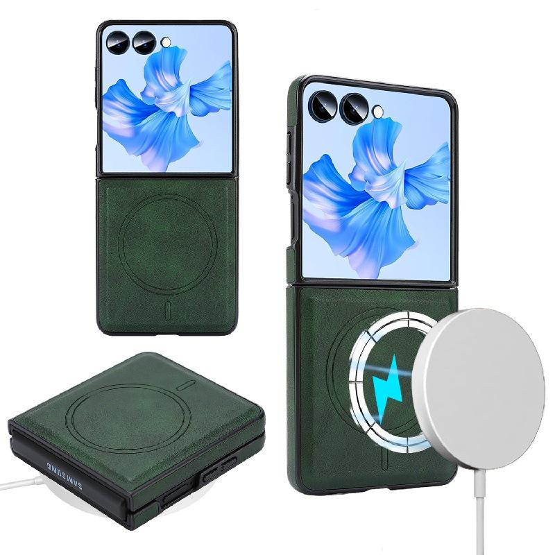 Samsung Z Flip7 Wireless Charging Phone Case with Magnetic Tri-fold Card Holder, Leather Sticker, Velvet Inner, 6-Level Protection.