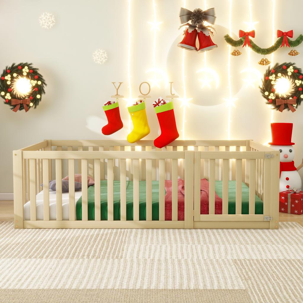 Kids' Bed 90 x 200, Wooden Floor Bed Frame with Fence and Door
