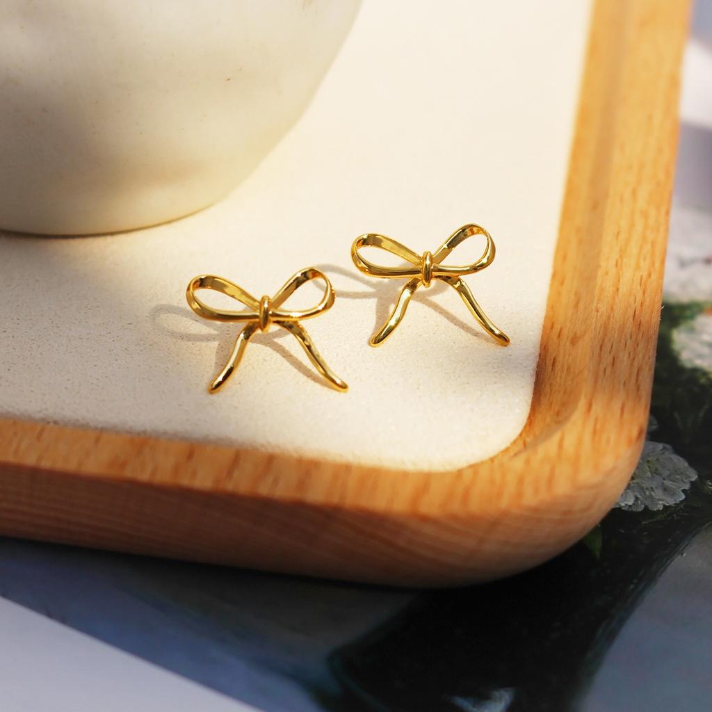 Copper-Plated Real Gold Exquisite Small Bow Stud Earrings Female Simple Student Daily Commute Versatile Temperament Earrings 346