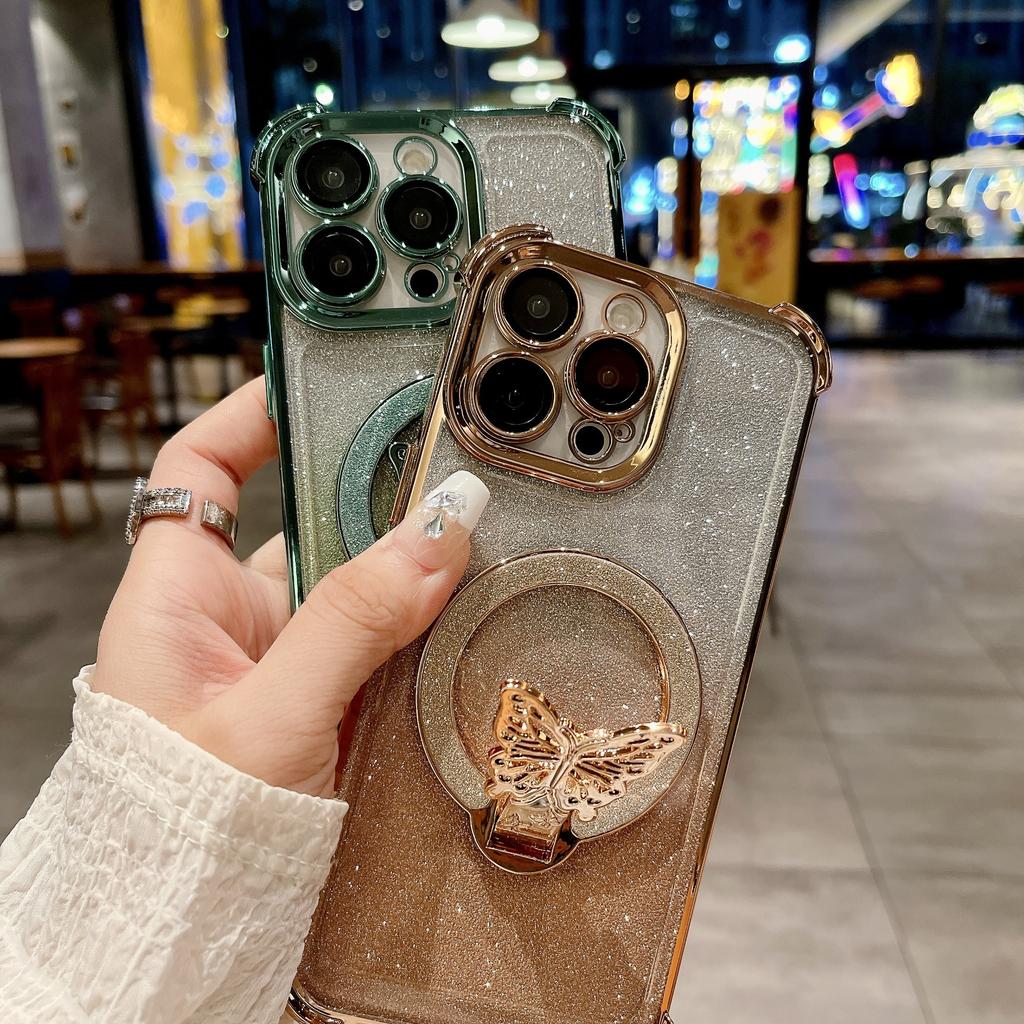 Applicable to iPhone16ProMax mobile phone case butterfly glitter bracket Apple 15 four corners anti-drop protective case