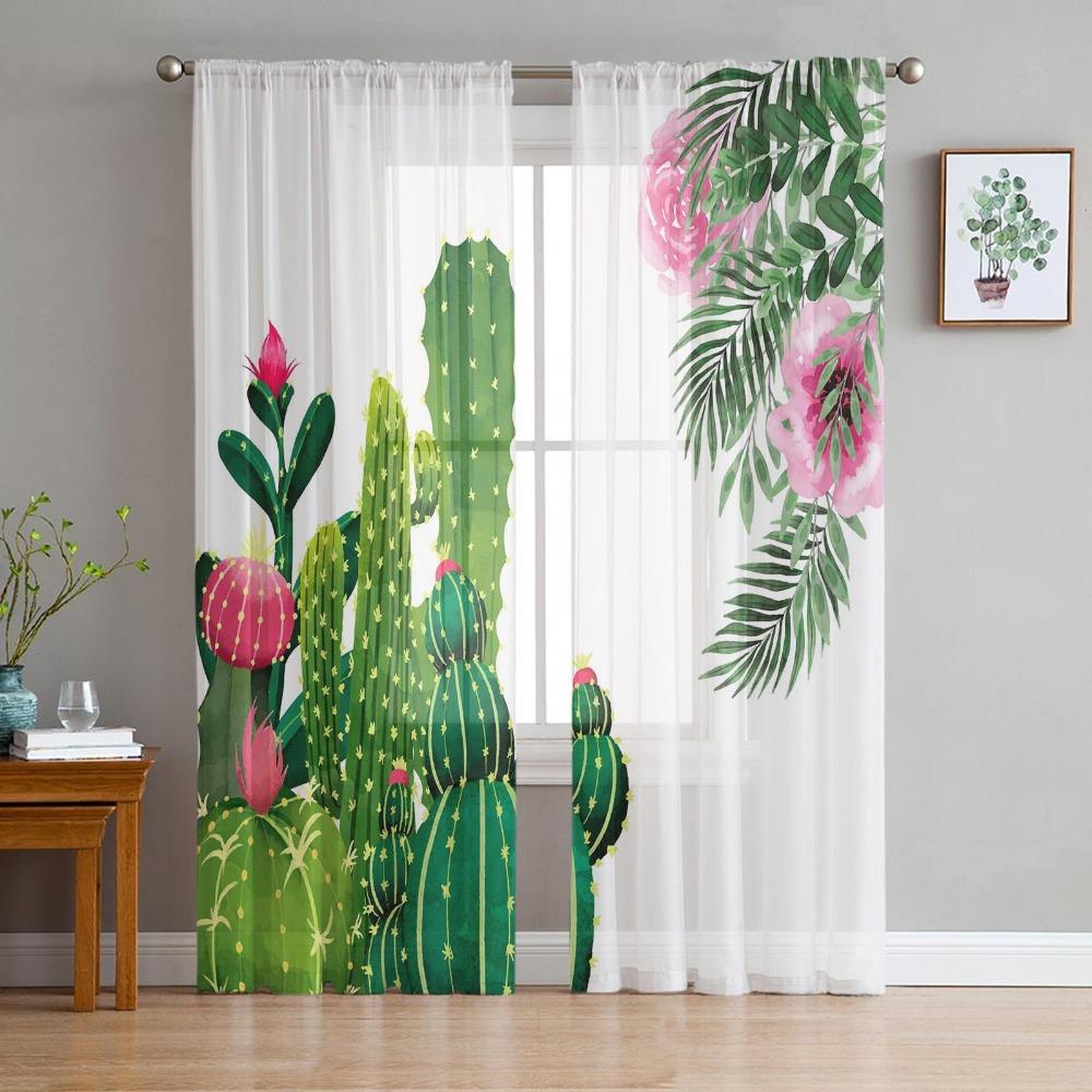 Cactus Tropical Flower Leaves Sheer Curtains for Living Room Decoration Window Curtains for Kitchen Tulle Voile Organza Curtains
