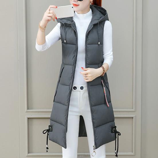 Осенне-зимний хлопковый жилет средней длины с утолщенной подкладкой без рукавов на молнии с застежкой-молнией на шнурке с капюшоном ветрозащитный женский жилет с сохранением тепла