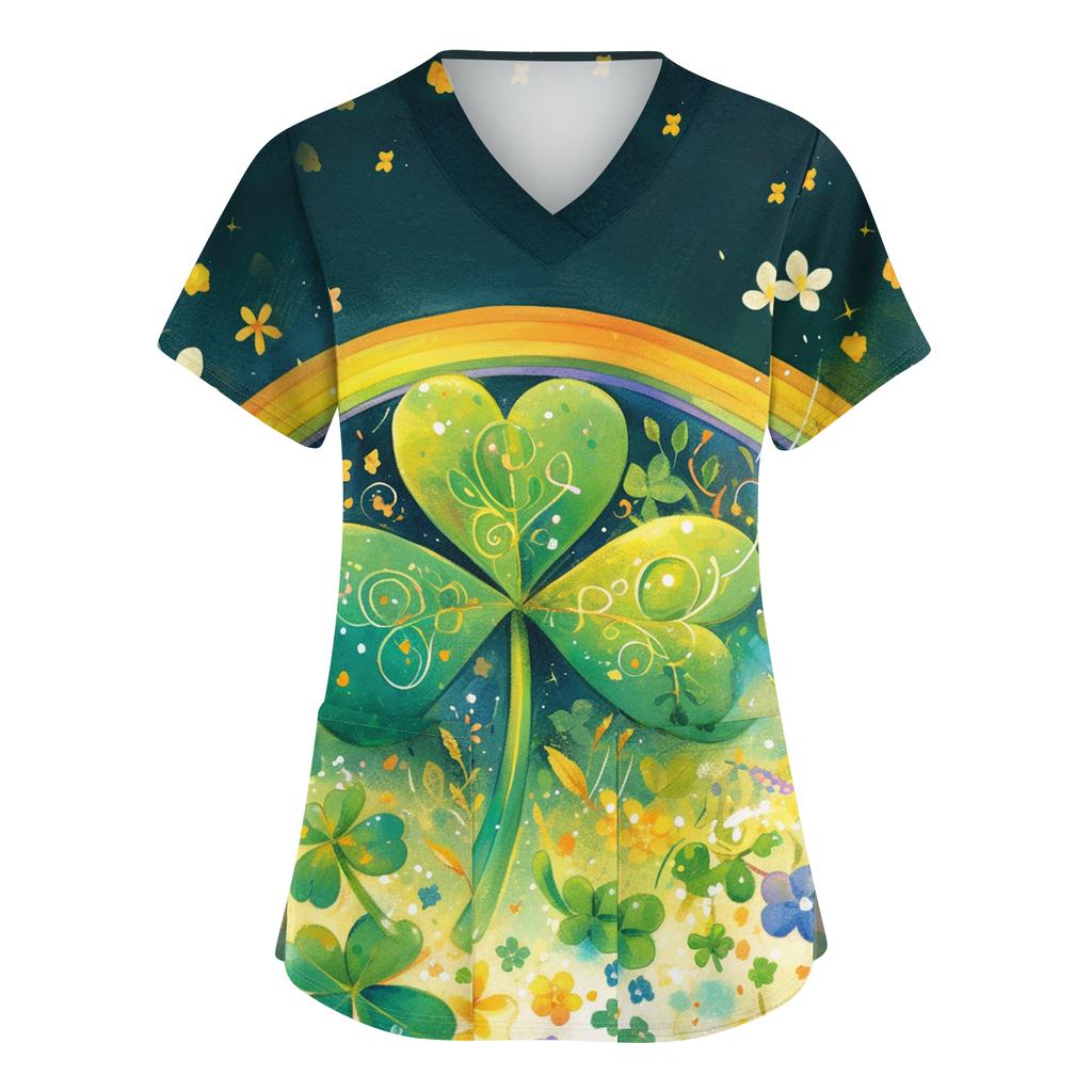 Ladies' St. Patrick Print Fashionable V-neck Pocket Short Sleeved Uniform And Caregiver Top