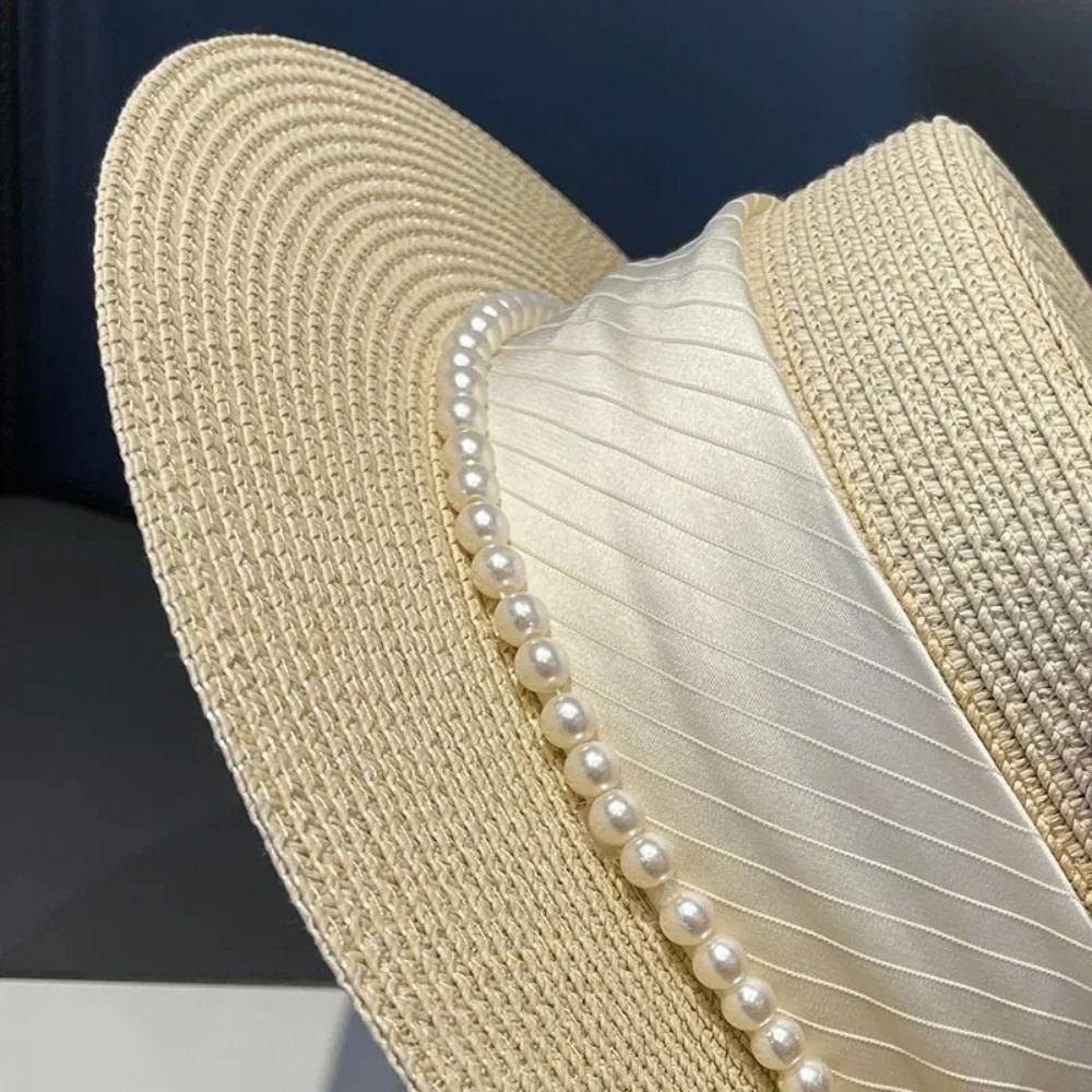 UV Protection Wide Brim Straw Hat Pearl Chain Weave Bucket Hat Women's Fisherman Hat Holiday