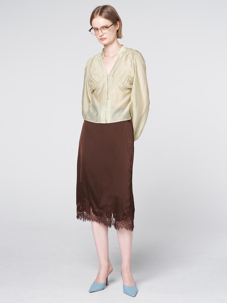 320 Showroom Lace Trim Satin Banding Skirt Brown
