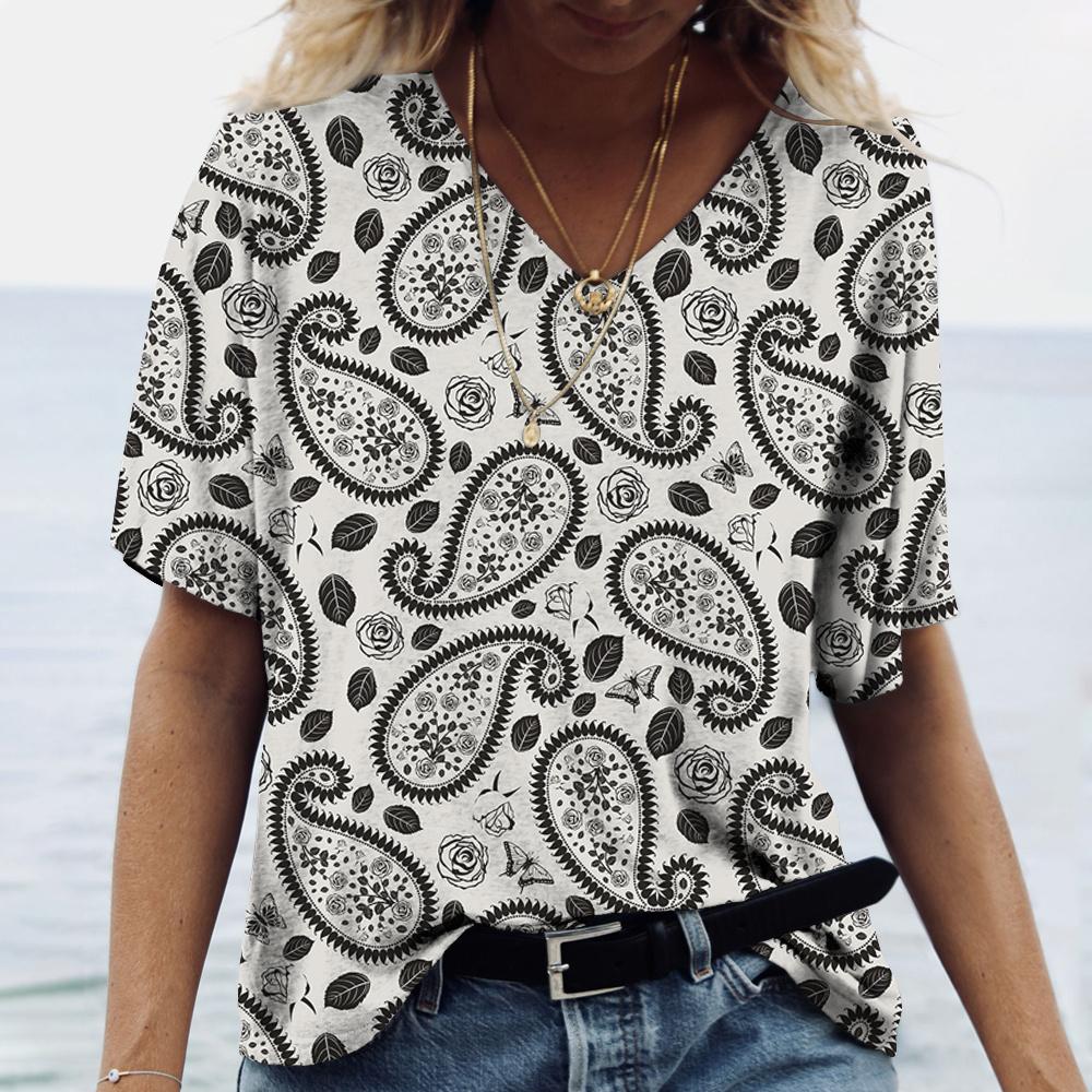 Винтажный принт топ женский с коротким рукавом уличная летняя футболка женская мода повседневная футболка с V-образным вырезом женская одежда больших размеров