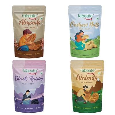 Fabeato Premium Сухофрукты и орехи Комбо (4 х 200 г) Миндаль, кешью, ядра грецкого ореха, черный изюм без косточек, 800 грамм