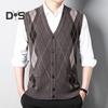 Men Autumn Winter Cardigan Sweater Single-breasted V Neck Sleeveless Buttons Color Matching Stretchy Pockets Knitted Vest Mid-aged Male Top