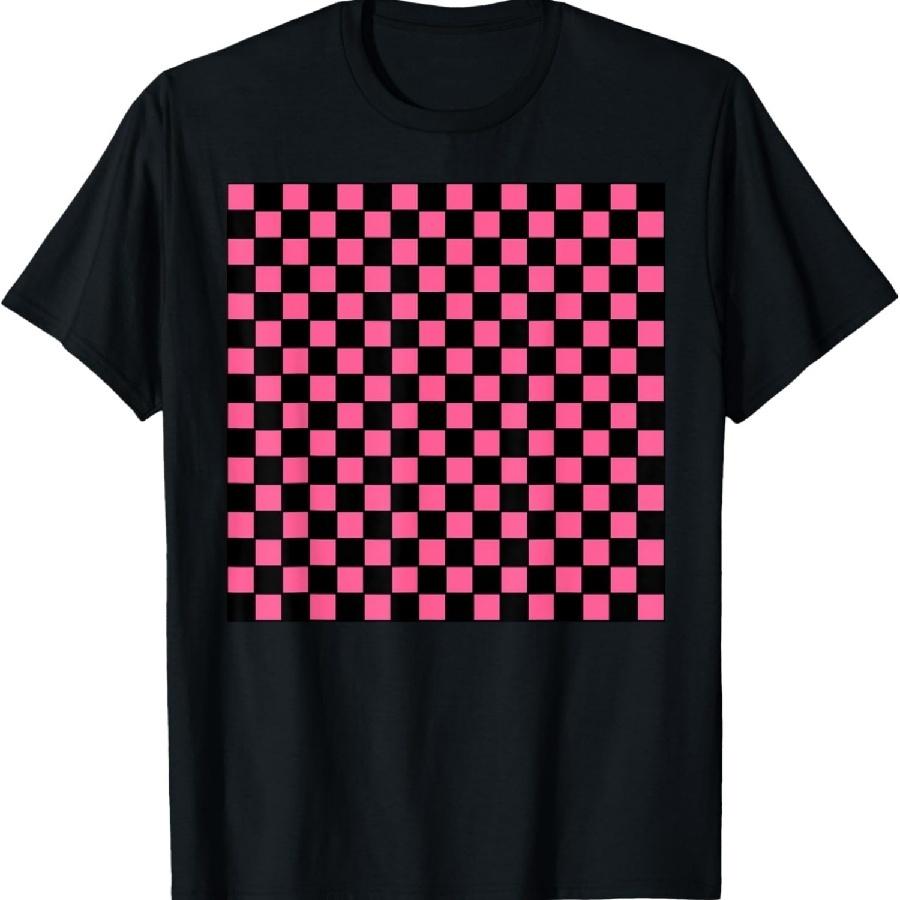 Black Hot Pink Checkerboard Pattern Checkered Gingham Check T-Shirt