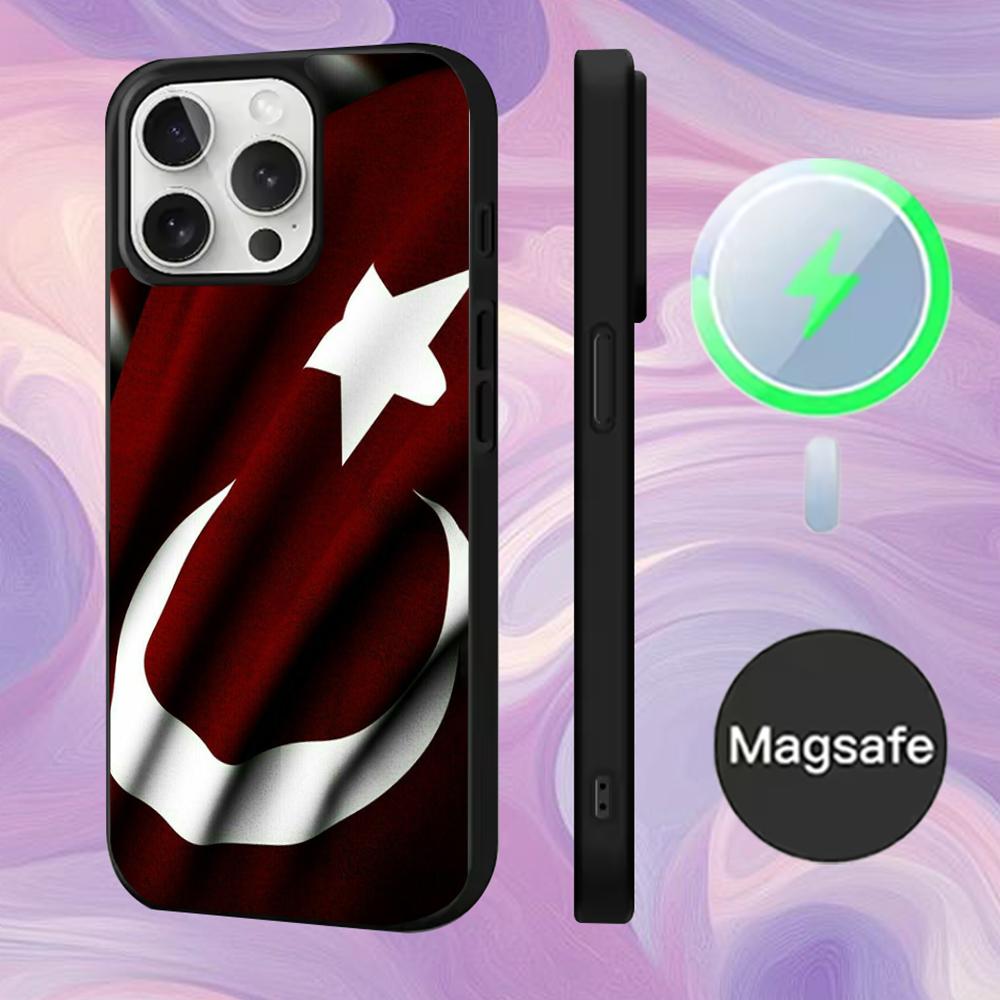 Чехол для телефона с турецким флагом Турции Для iPhone 16,15,14,13,12,11,Pro,Max,Plus,Mini,Magsafe, Магнитный чехол для беспроводной зарядки
