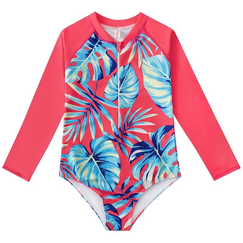 Детский цельный купальник с длинными рукавами для девочек, боди на молнии с милым мультяшным принтом, купальники, пляжная одежда