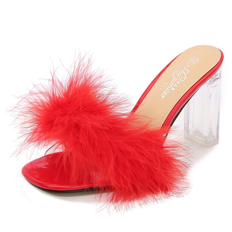 Women Clear Heels Sandals Fluffy Slippers Furry Slides for Women