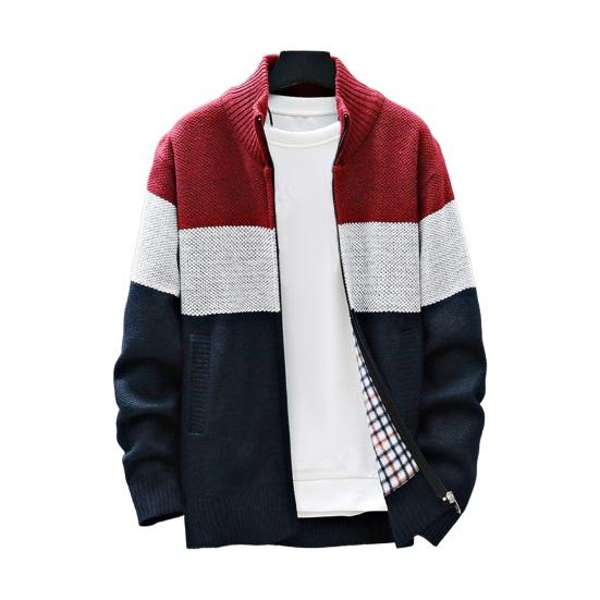 Men Autumn Winter Sweater Coat Stand Collar Thick Plush Color Matching Knitted Elastic