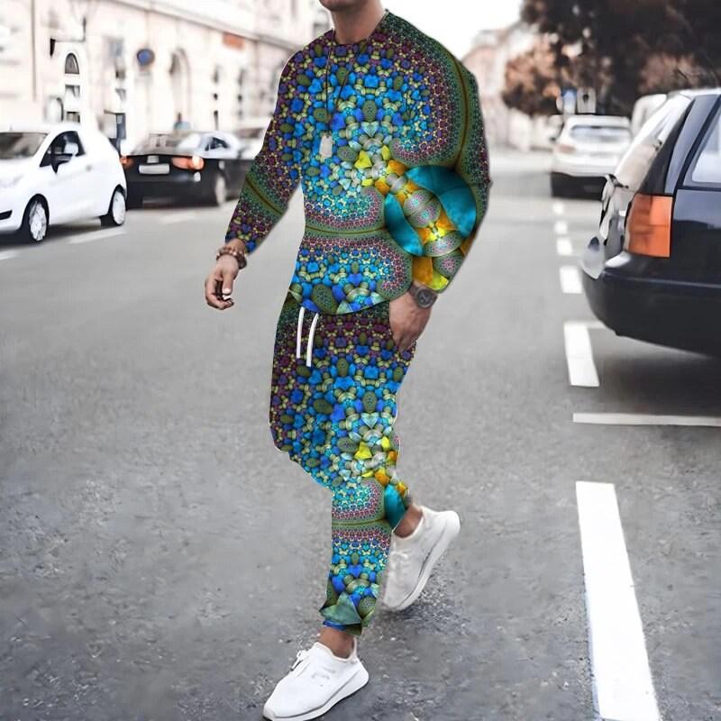 New Fashion Men's Two-piece Sportswear 3D Printed Long Sleeved T-shirt Set Street Casual Two-piece Men's T-shirt Set