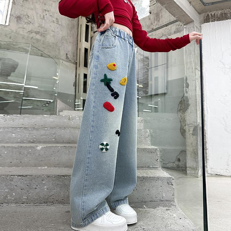 Девочки Джинсы Весна и Осень Ковбойские Широкие Брюки Детские Девочки Осенние Брюки Свободные Брюки
