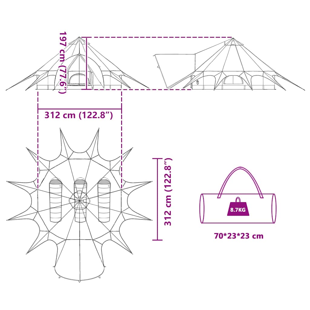 Teepee Tent for 3 Persons Green and Grey 312 x 312 x 197 cm