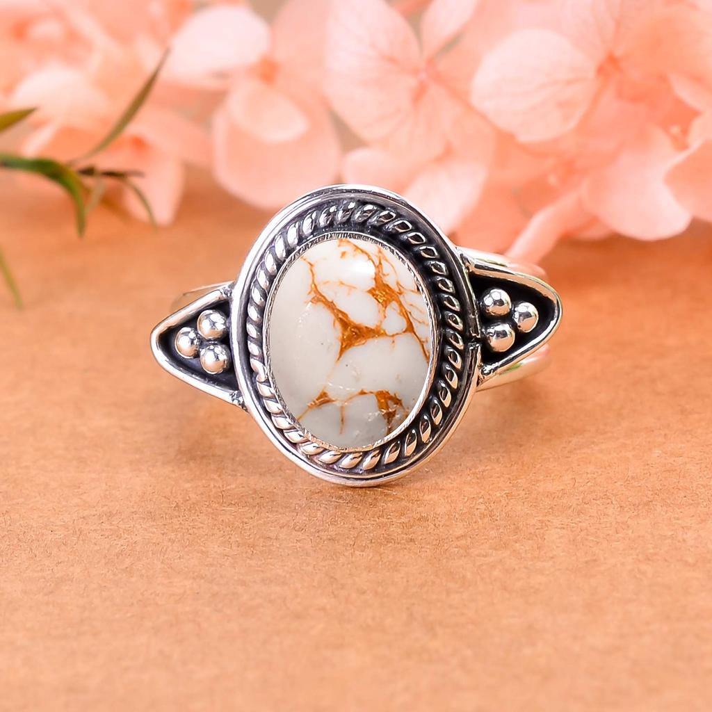 Copper White Turquoise Designer Handmade Oxidised 925 Sterling Silver Ring V2937, White Ring, Oval Ring, Valentin's Day Gift, Gift For Her, Birthday G