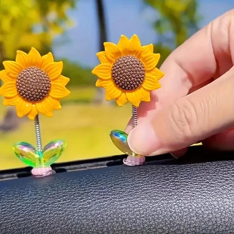 New 5pcs Swinging Sunflower Car Ornaments Refreshing Healing Fresh Flowers Car Center Console Decor Creative Desk Ornaments