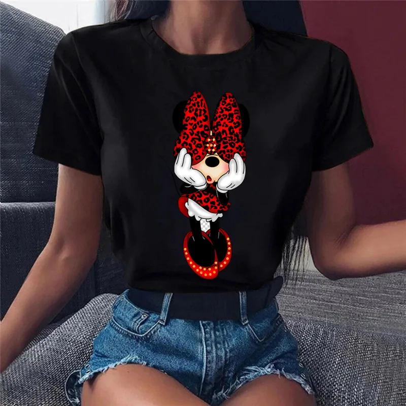 Unisex Pink Minnie Mouse Print T-Shirt Black Tops Summer Short Sleeve T-shirt Casual O-neck Tees Tshirt