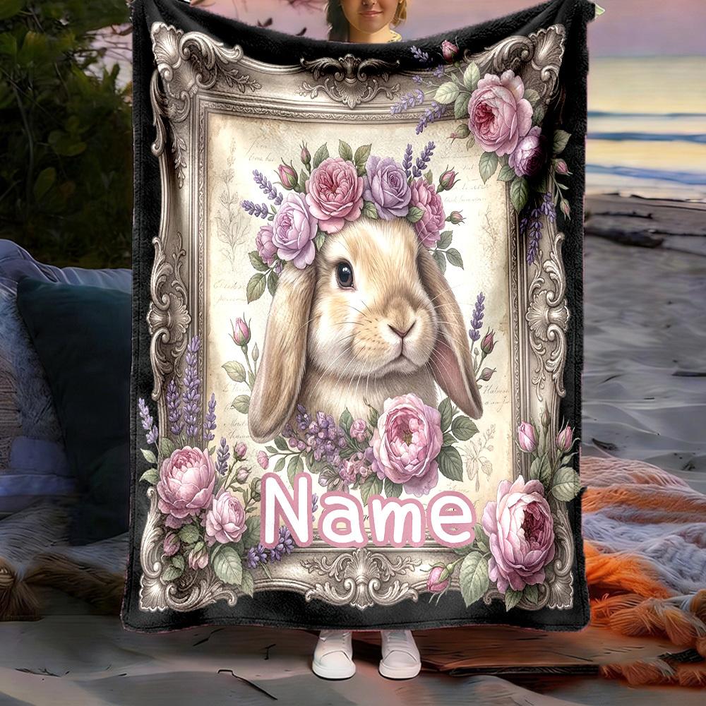 Rabbit Floral Customize Your Name Outdoor Blanket Cozy Soft Lightweight Allseason Multipurpose Throw For Travel Camping Picnics Sofa Office Bed Living