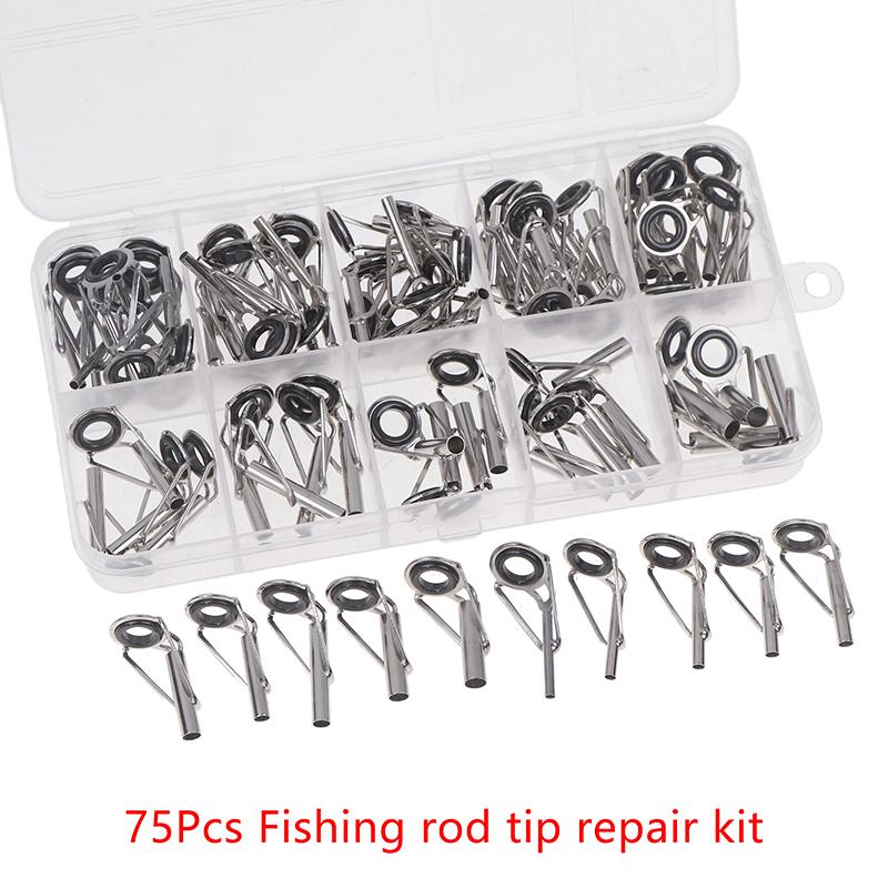 75Pcs/Set Fishing Rod Tip Repair Kit Fishing Rod Guides Eyelet Repair Rod Building Kit Rod Replacement Fishing Accessories