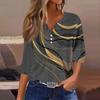Women's Fashion V-Neck Button Seven Sleeve T-Shirt Casual Geometric Splicing Printed Top