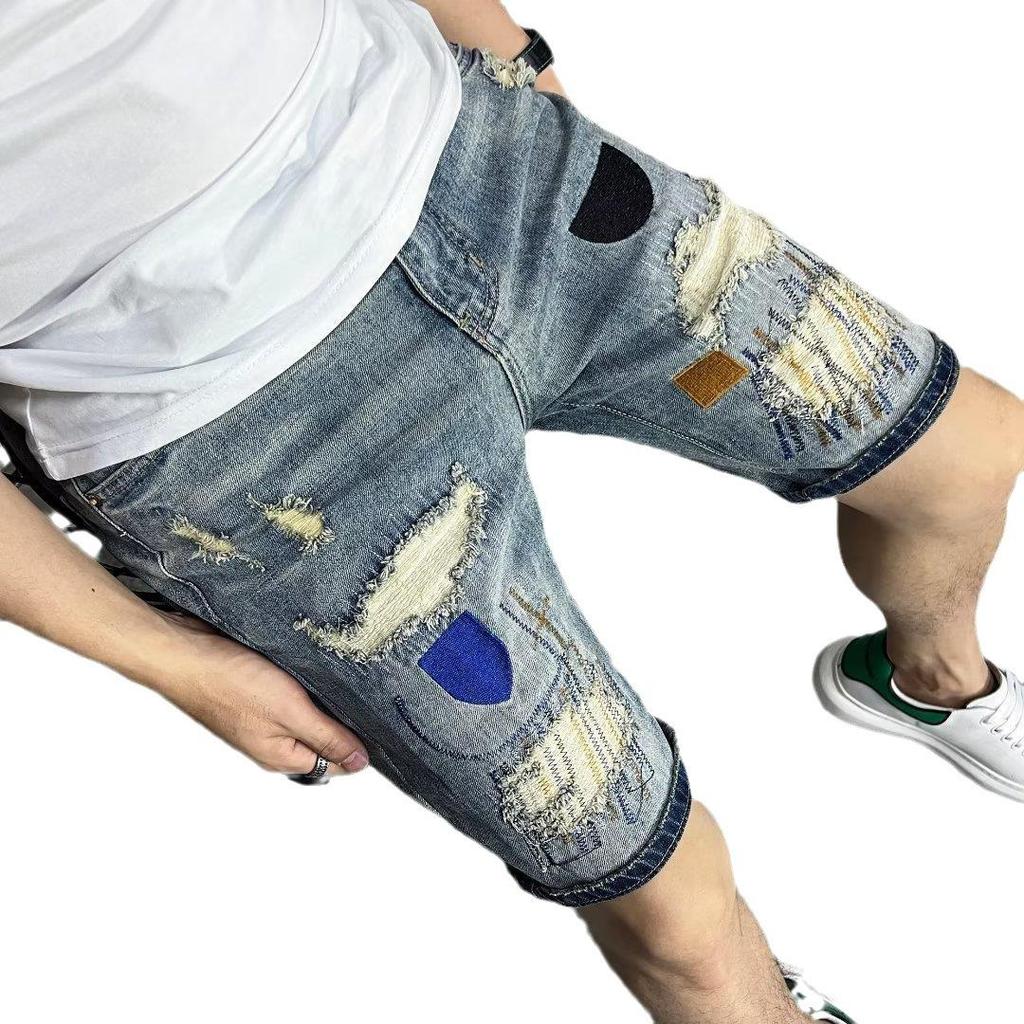 Men's Tide Fashion Colourful Stitching Embroidery Slim Denim Shorts Summer Thin Ripped Jeans Short Pants Men's Clothing