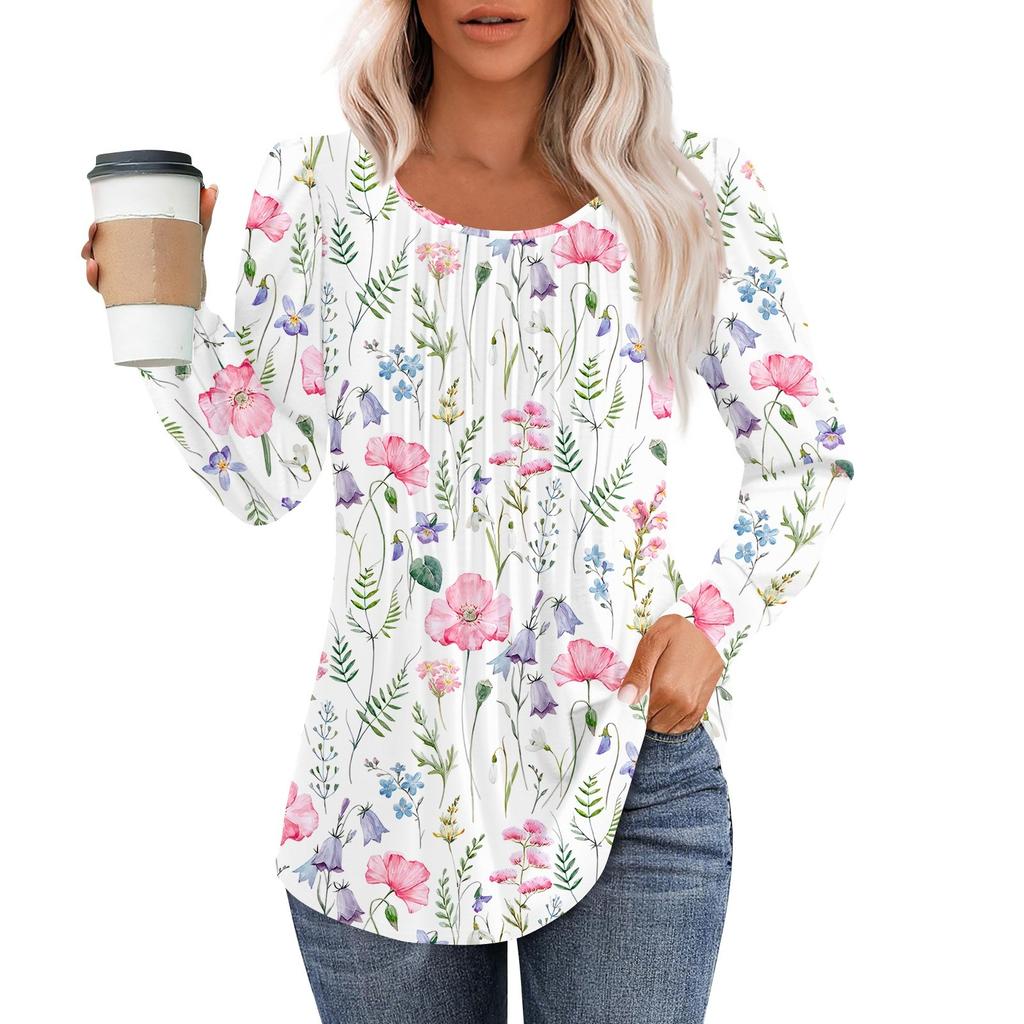 Рубашки с длинным рукавом для женщин, топы, нарядные повседневные блузки, плиссированные топы-туники с круглым вырезом