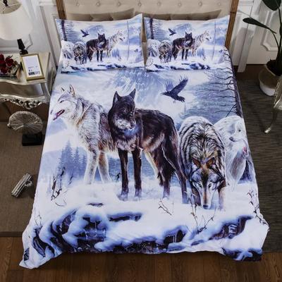 Постельное белье Snow Wolf Двусторонние набивные комплекты западного пододеяльника Синий волк и орел 3 предмета Мультяшные животные Одеяло Постельное белье G3