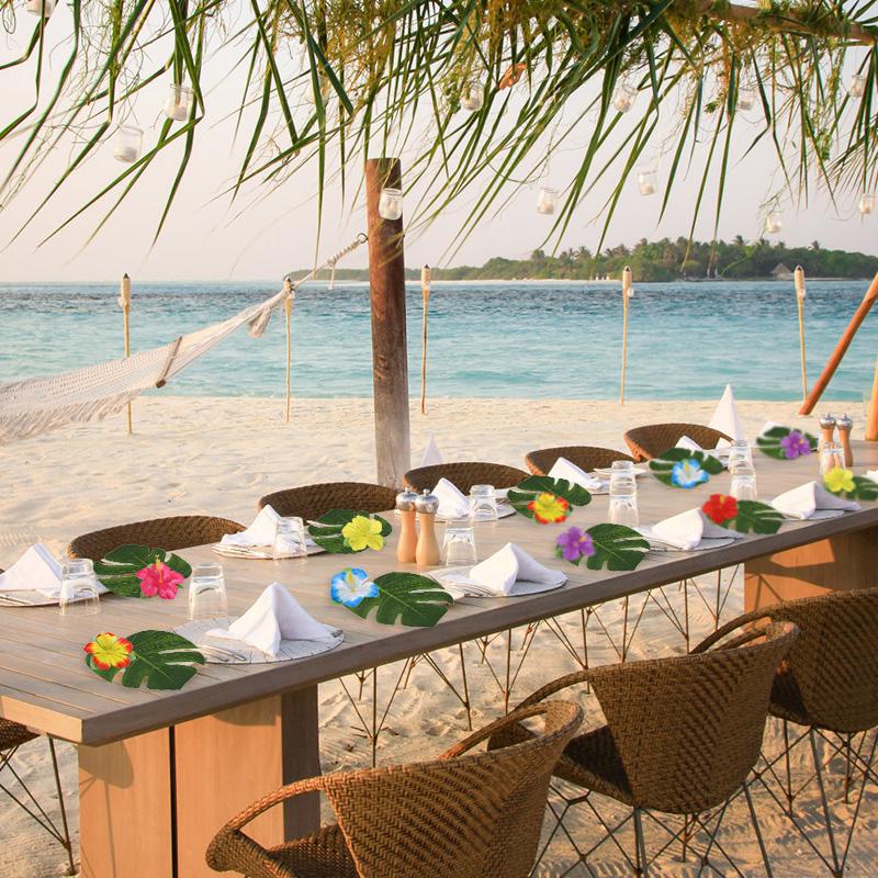 Artificial Tropical Palm Leaves Hibiscus Flowers for Hawaiian Luau Tropical Party Table Decoration Wedding Jungle Birthday Decor