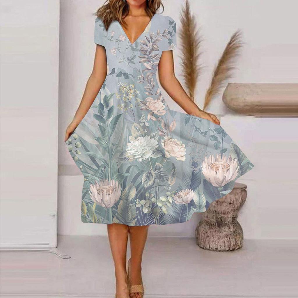 Women's Summer Casual Floral Print Short Sleeve Swing Dress
