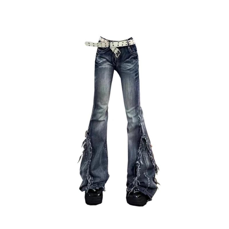 American Retro Y2K Flare Jeans Scratched Slim Bell Bottoms Women Fashion Gyaru Denim Pant  Raw Edge Trousers Hip Hop High Street
