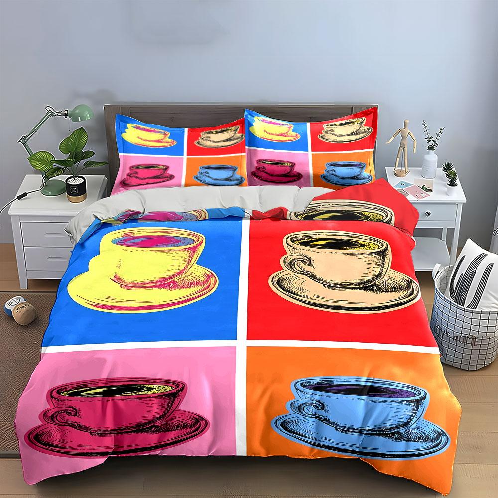Pop Art Colorful Coffee Cups Bedding Duvet Cover Set Duvet Cover Pillowcases (1*Duvet Cover 2*Pillowcases, without duvet insert)