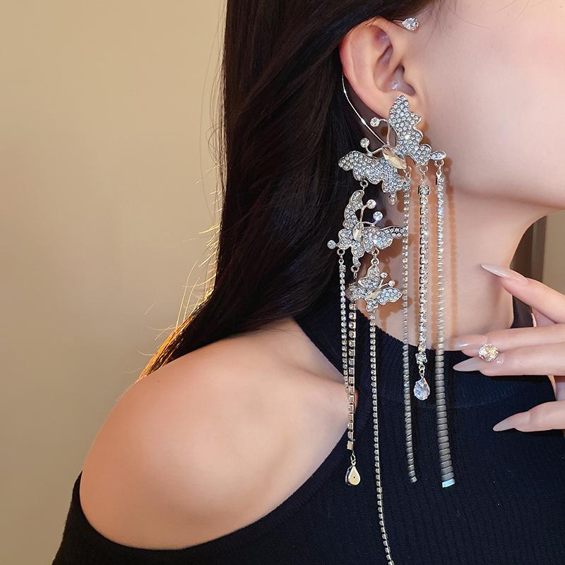 Zircon diamond butterfly tassel ear hanging super fairy high sense exaggerated earrings dress fashion light luxury banquet jewelry women