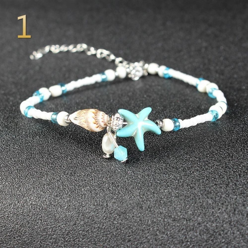 Beach Anklet Ankle Bracelet Turtle Anklet Starfish Anklet Nautical Anklet  Beaded Anklet (Color: Silver)