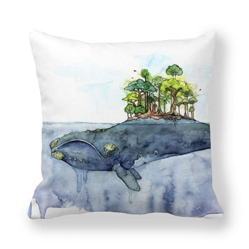 Watercolor Art Of Whale Pattern Digital Printing Short Plush Pillow Covers For Car Sofa Office Cushion Cover Home Goods