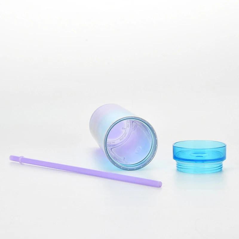 16 унций градиент радуга узкий пластиковый стакан бутылки для воды прямая чашка двухслойная радуга градиент чашка с соломинкой