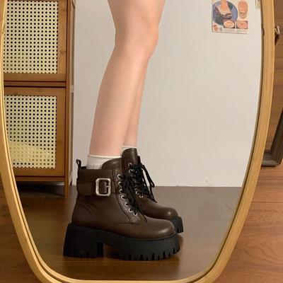 Модные ботильоны Кожа Панк Стиль Боевые Коричневые Женские Ботильоны Шикарные и Элегантные Осенние из ПУ Большого размера Теплые Ботинки Женская Короткая Обувь